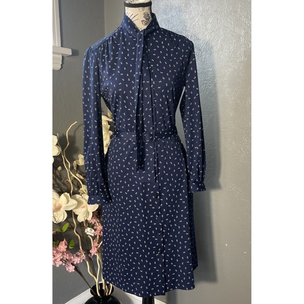 Vintage Cofa's Closet Dress Navy Tie Neck Long Sleeve Secretary Style Petite MS